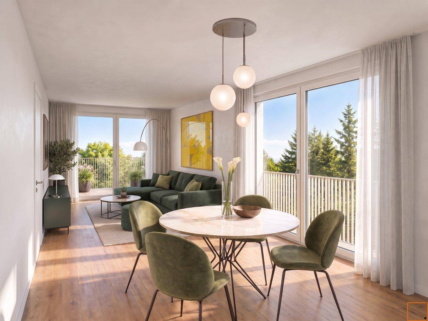 Heller Wohn- und Essbereich mit Holzboden, modernen Möbeln und Zugang zum Balkon mit grüner Aussicht.