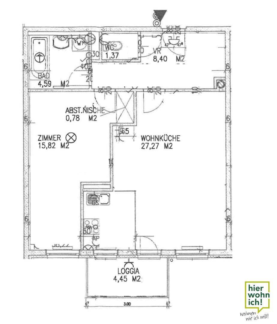Grundriss der Wohnung mit Wohnküche, Zimmer, Bad und Loggia, detailliert dargestellt.