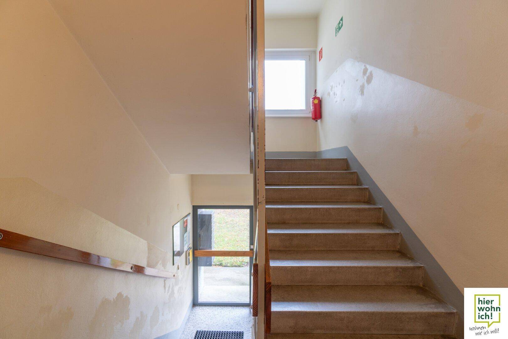 Treppenhaus mit Betonstufen und Fenster, das die verschiedenen Etagen des Gebäudes verbindet.