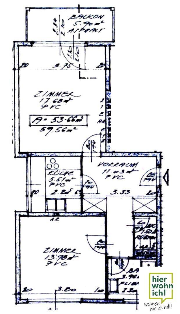 Handgezeichneter Grundriss der Wohnung mit Balkon, Zimmern und Vorraum.