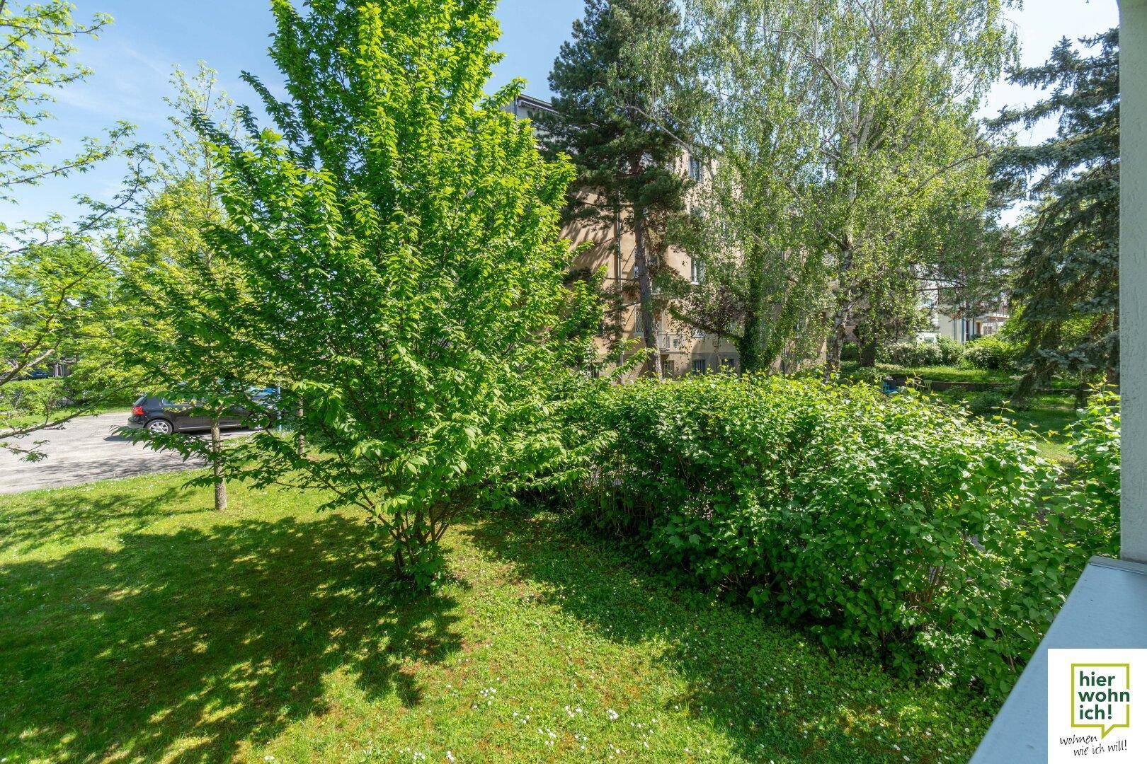Üppige grüne Büsche und Bäume prägen die Außenansicht der Wohnanlage.