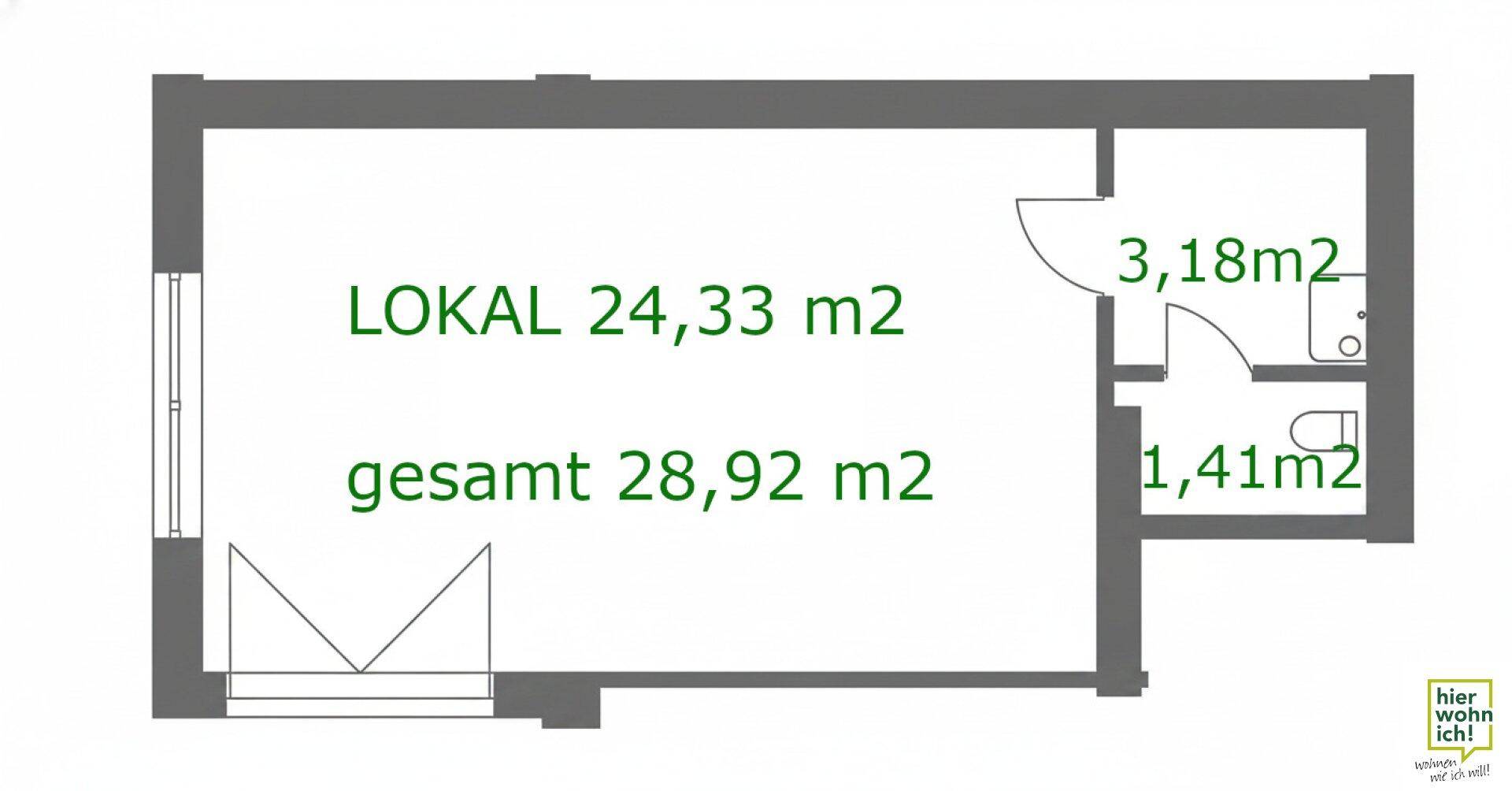 Grundriss eines Lokals mit einer Gesamtfläche von 28,92 m², inklusive zwei separaten Sanitärbereichen.