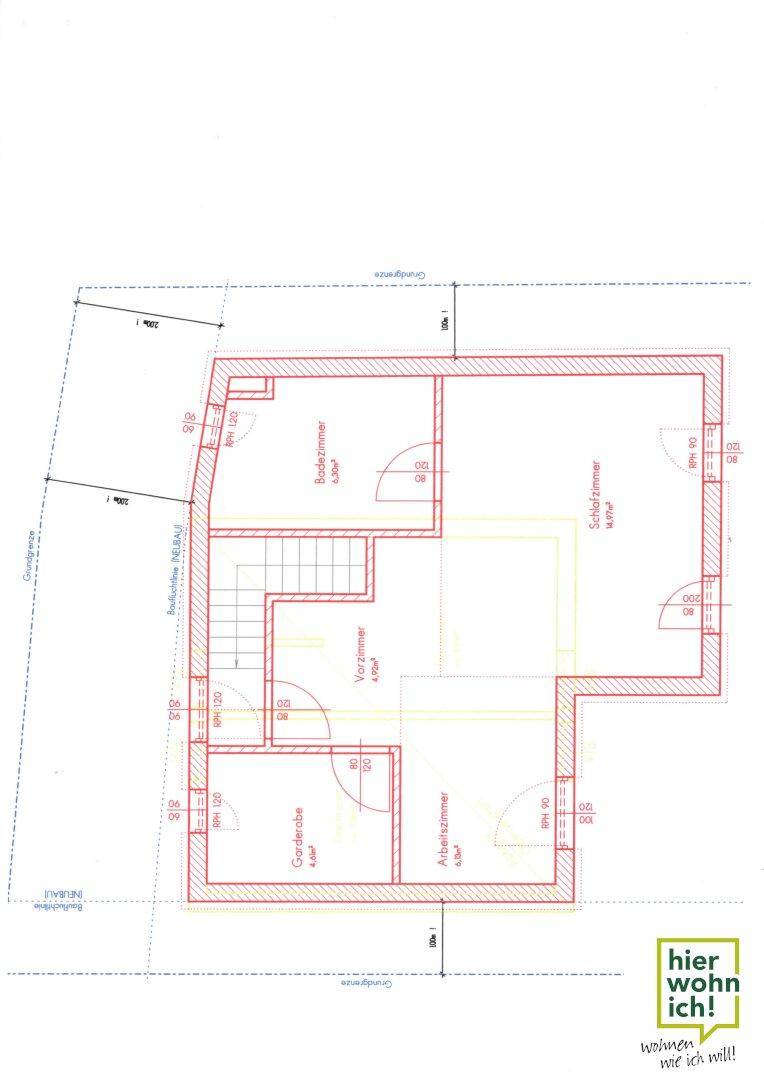 Grundriss zeigt die Aufteilung mit Badezimmer, Schlafzimmer, Vorzimmer und Arbeitszimmer.