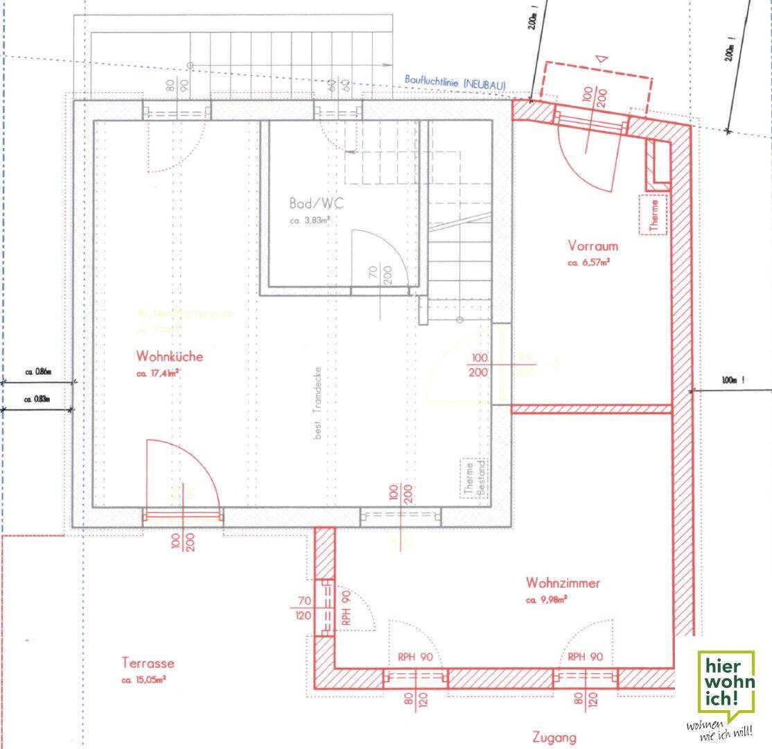 Grundriss des Erdgeschosses mit offener Wohnküche, Wohnzimmer und großer Terrasse.