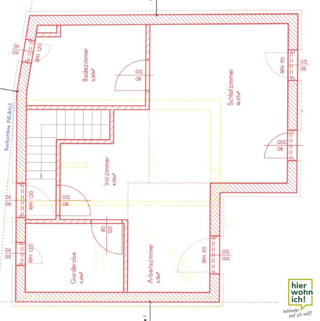 Grundriss des Obergeschosses mit Schlafzimmer, Badezimmer, Arbeitszimmer und Garderobe.