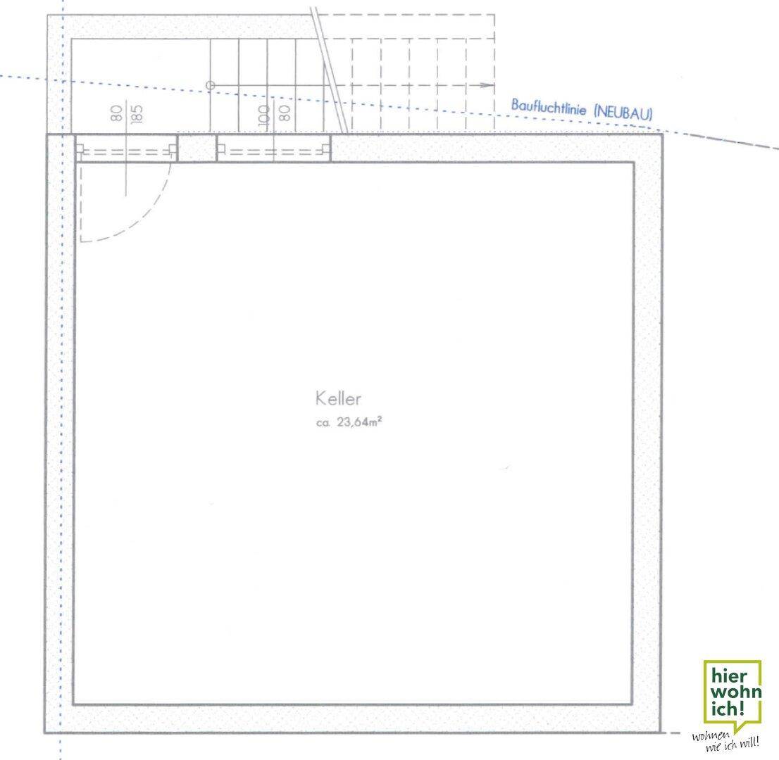 Grundriss des Kellers mit großem Abstellraum und Treppenzugang.