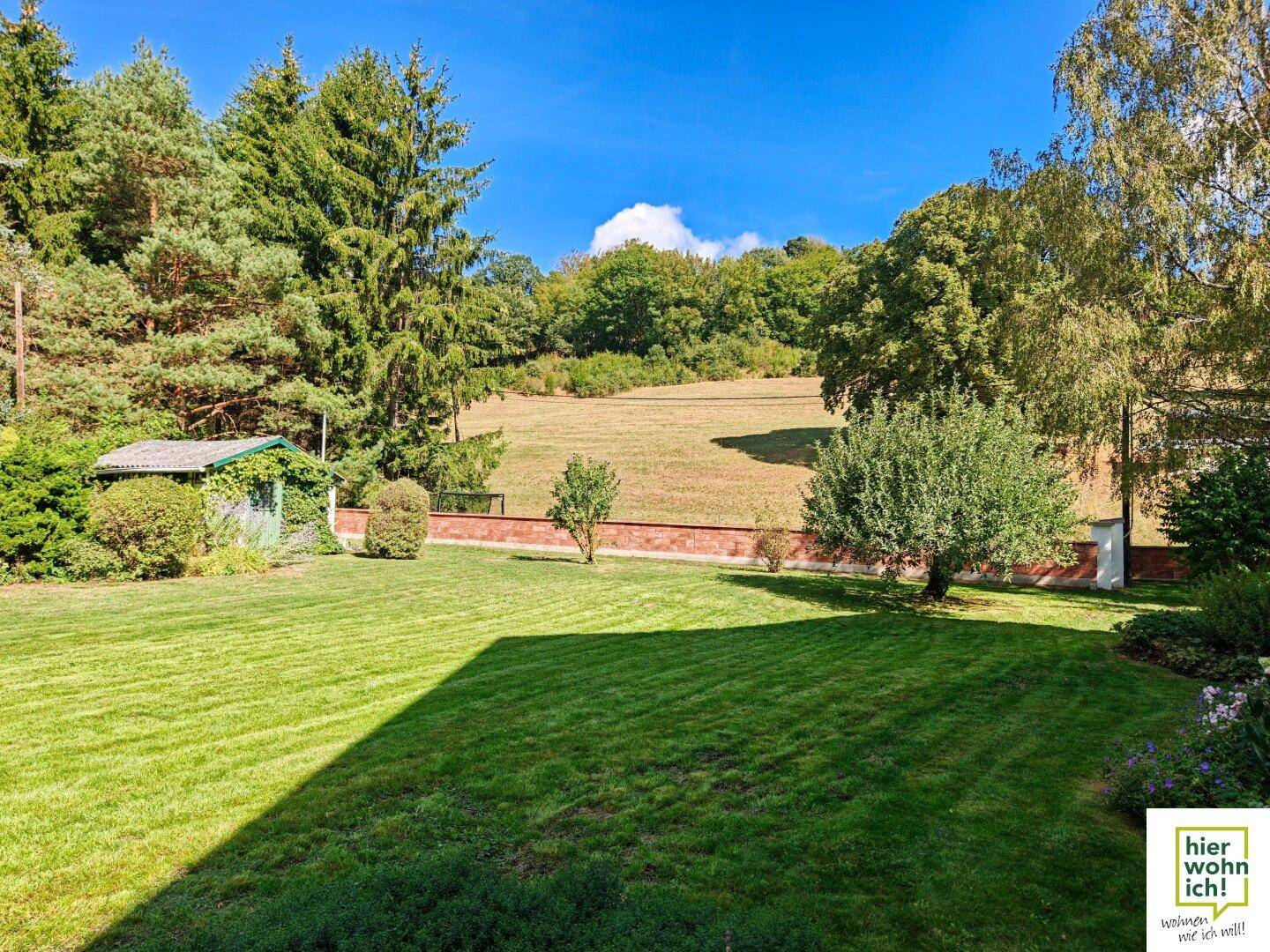 Weitläufiger Garten mit gepflegtem Rasen, umgeben von Bäumen und einem Gartenhaus.