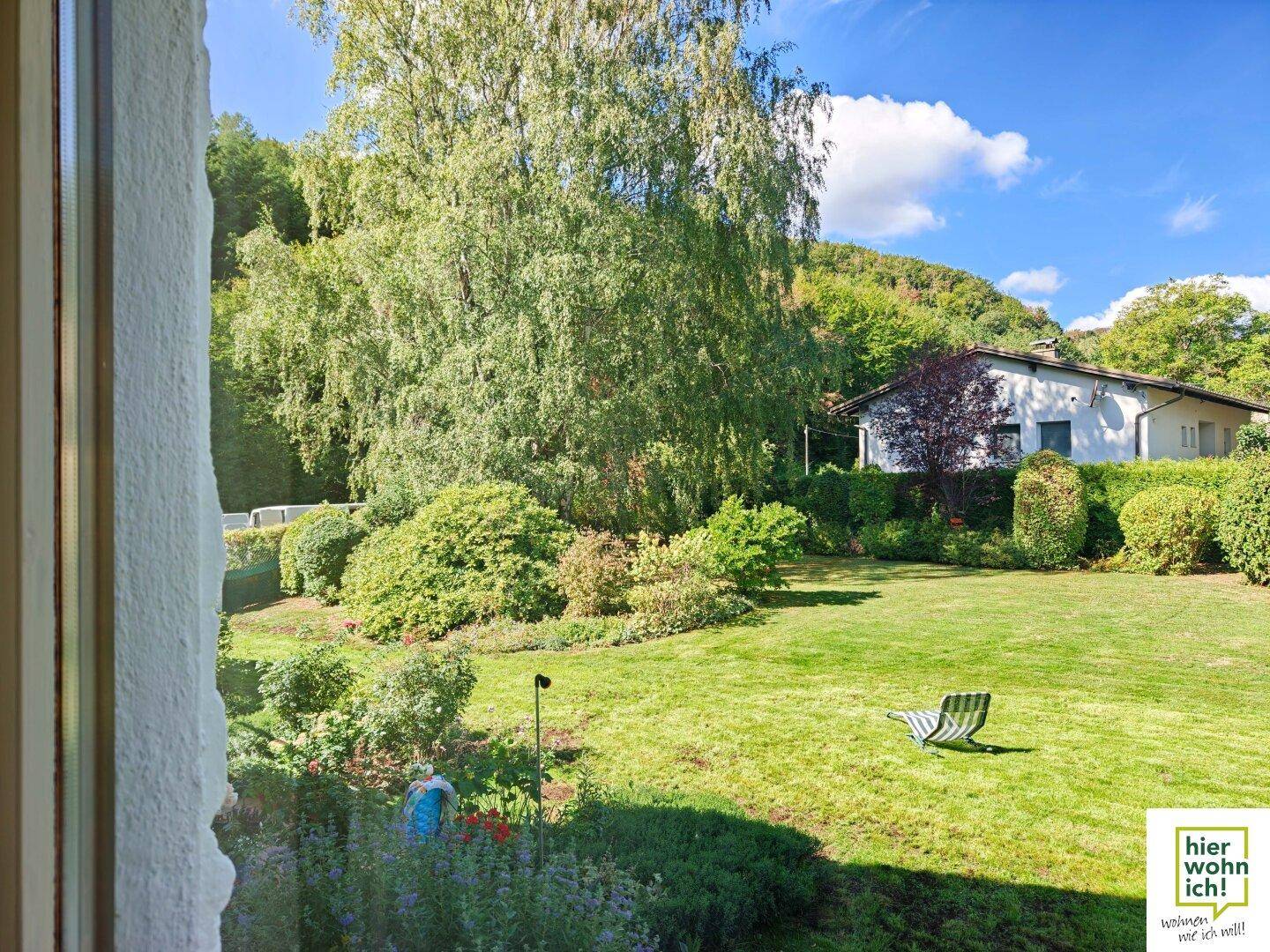 Blick aus einem Fenster auf den grünen Garten mit Rasen und Bäumen.