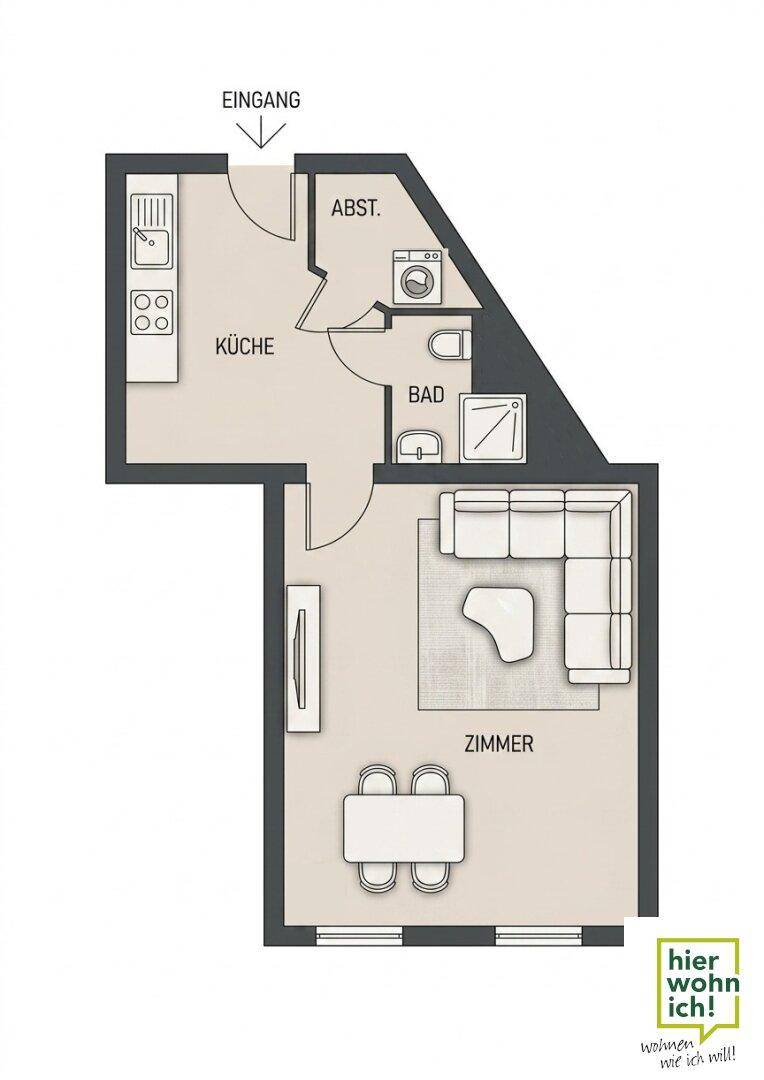 Grundriss einer Wohnung mit Küche, Bad, Abstellraum und einem offenen Wohnbereich.