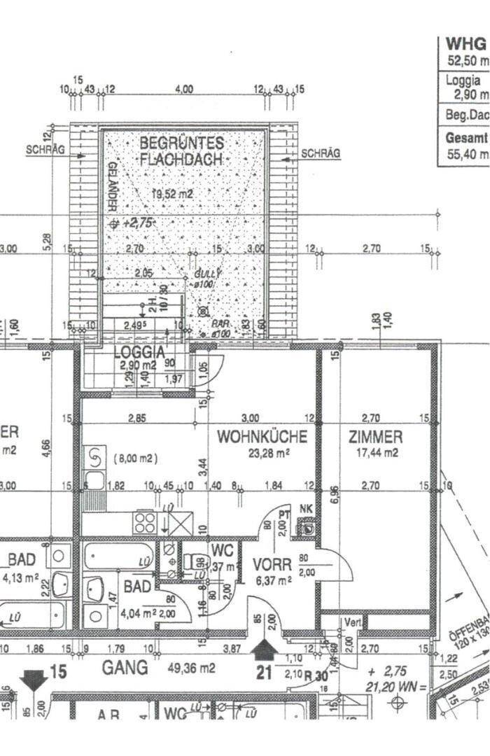 Grundriss einer Wohnung mit Wohnküche, zwei Bädern und Loggia.