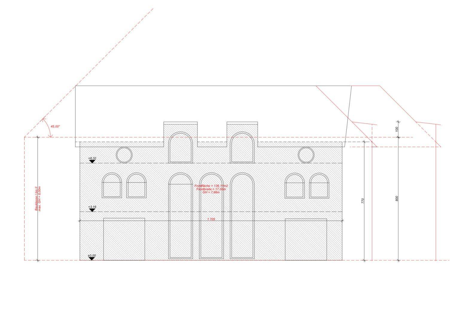 Fassadenansicht des Gebäudes mit Bogenfenstern und Dachlinie.