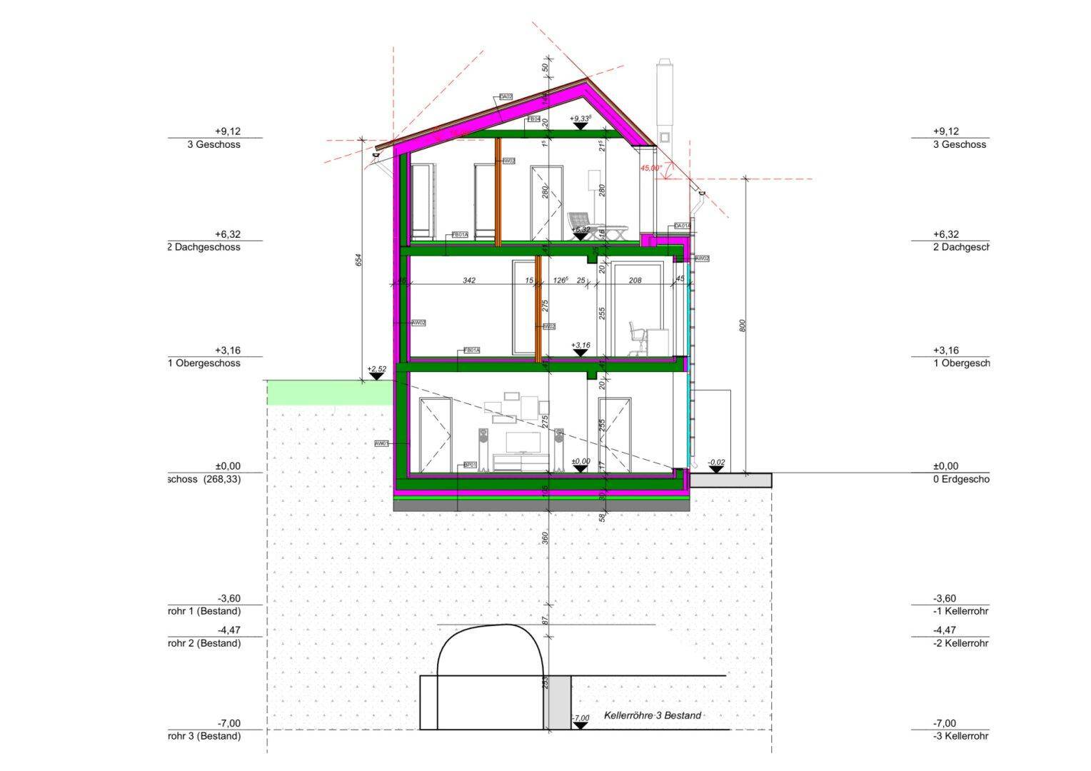 Gebäudeschnitt zeigt die vertikale Struktur mit drei Geschossen und Dachschräge.