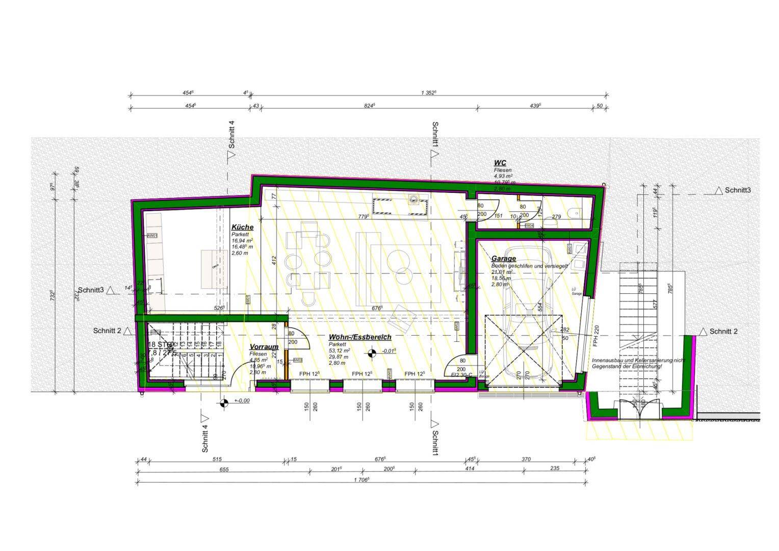 Grundriss des Erdgeschosses mit offenem Wohn-Essbereich, Küche, WC und integrierter Garage.