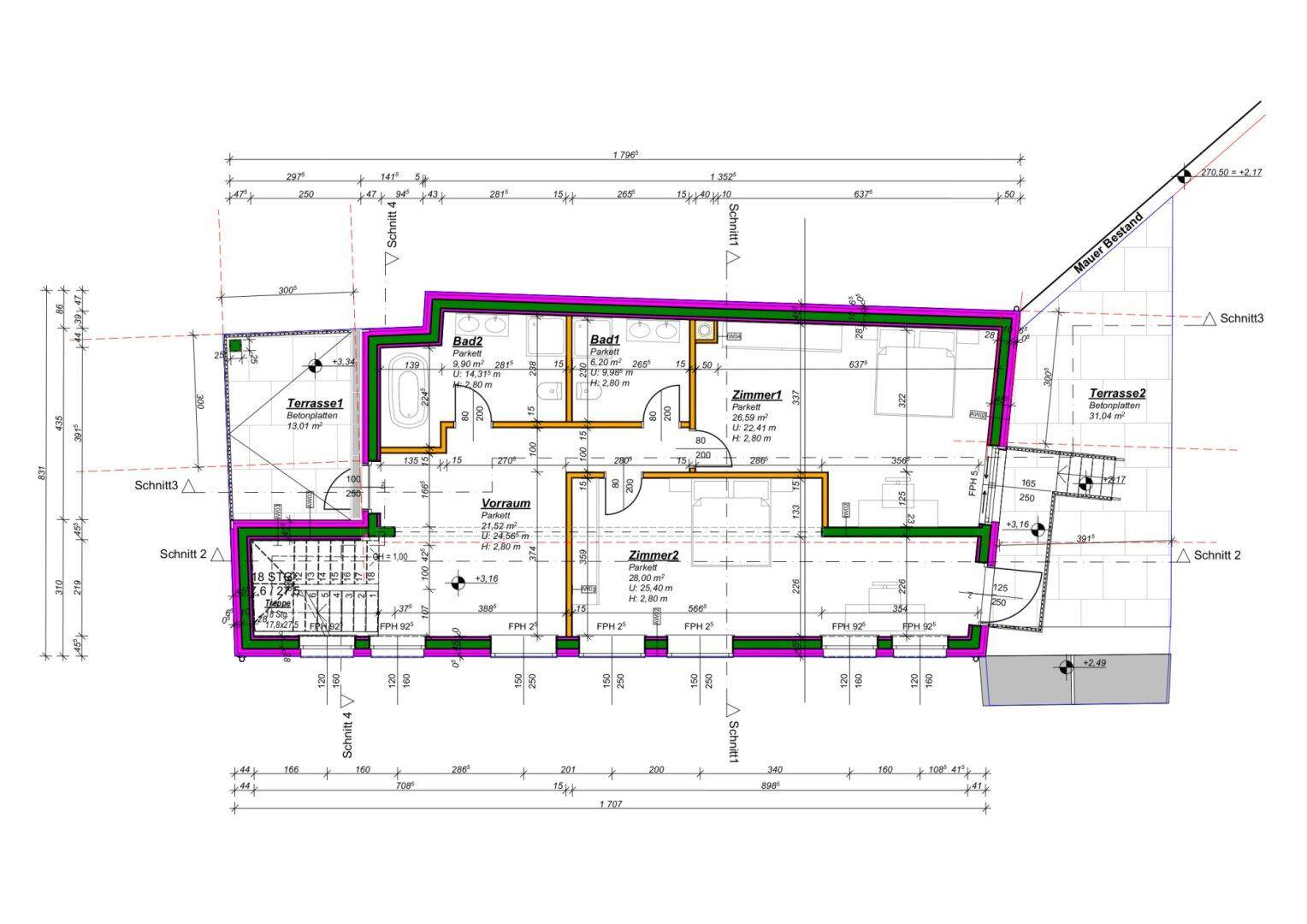 Grundriss des Obergeschosses mit zwei Zimmern, zwei Bädern und zwei Terrassen.