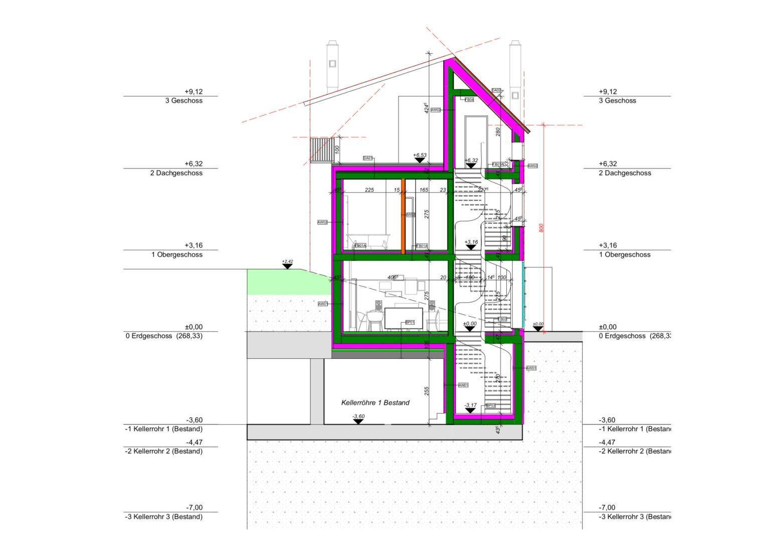 Gebäudeschnitt mit Treppenhaus und vertikaler Raumaufteilung über mehrere Ebenen.