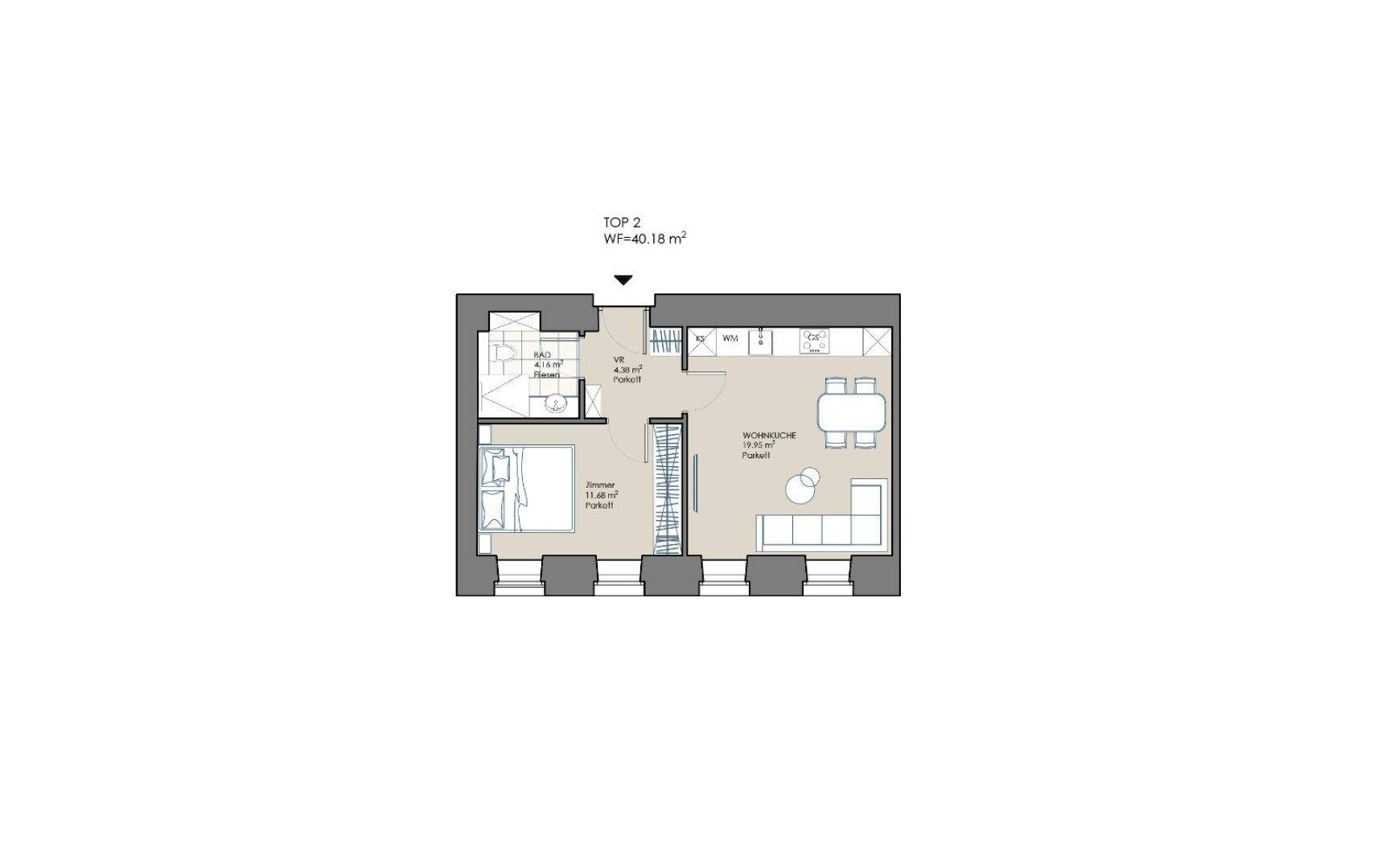 Grundriss der Wohnung Top 2 mit offenem Wohnbereich, Schlafzimmer und Bad.