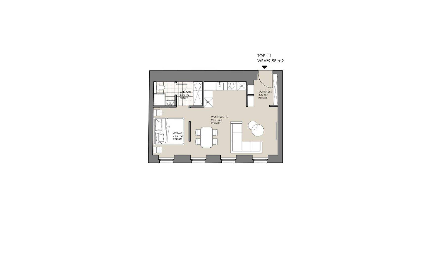 Kompakter Grundriss einer Wohnung mit offener Wohnküche, Schlafzimmer und Balkon.