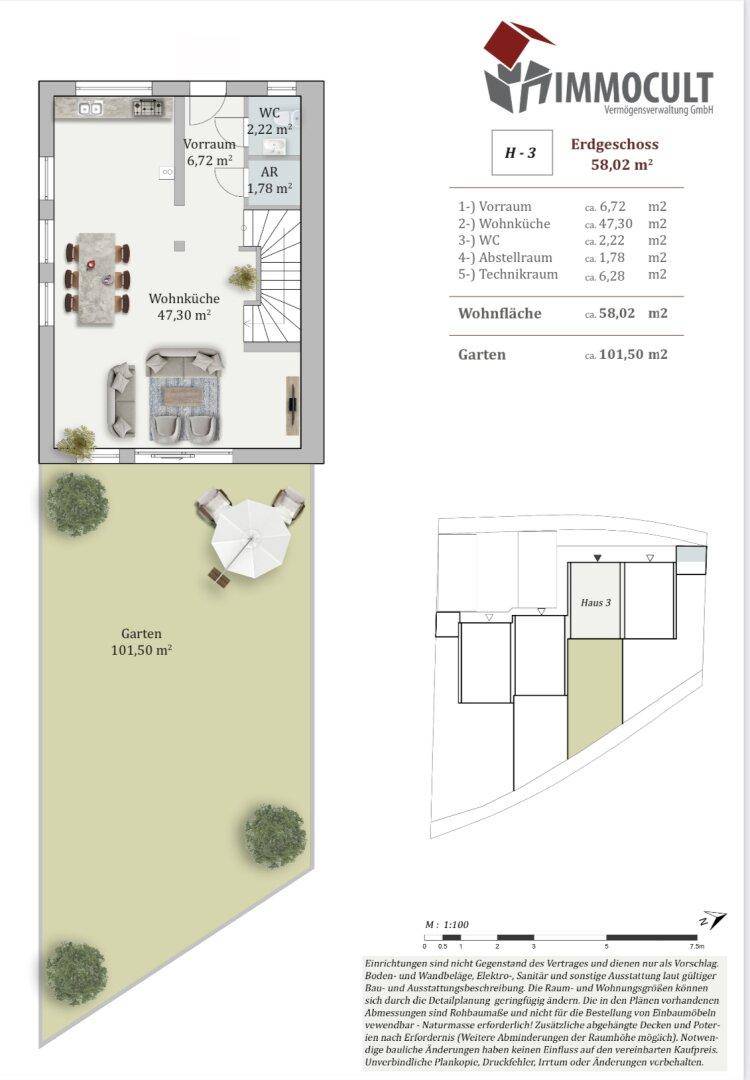 Grundriss des Erdgeschosses mit offener Wohnküche, WC und Gartenbereich.