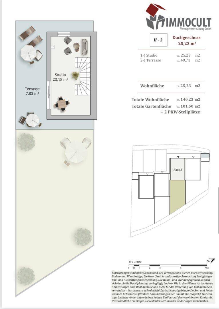 Grundriss des Dachgeschosses mit Studio und großer Dachterrasse.