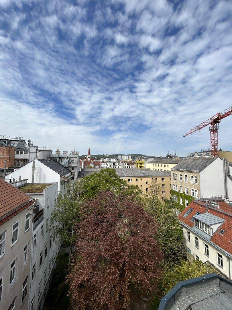 Panoramablick über die Stadt mit Dächern, Bäumen und einem Baukran am Horizont.