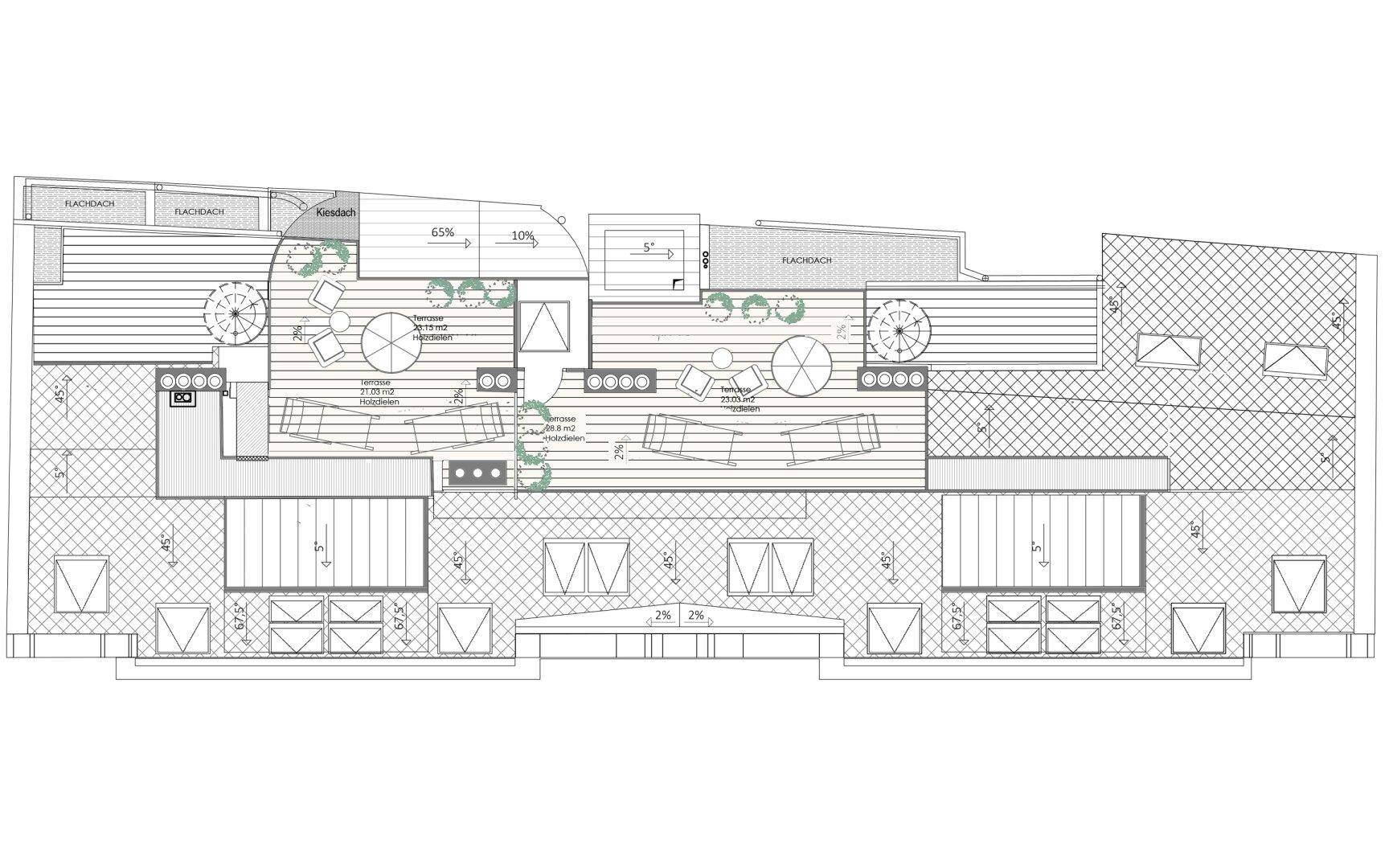 Detaillierter Grundriss der Dachterrasse mit verschiedenen Sitzbereichen und Bepflanzung.