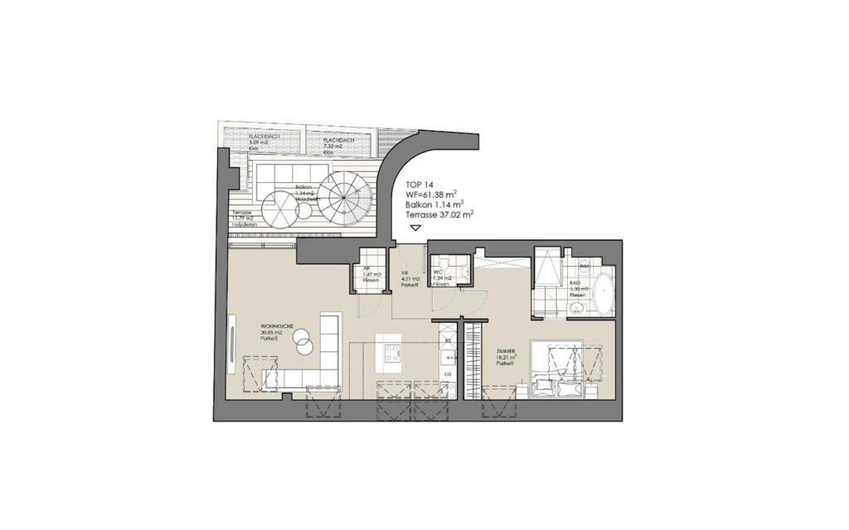 Grundriss der Wohnung Top 14 mit Wohnbereich, Schlafzimmer, Bad, Balkon und großer Terrasse.