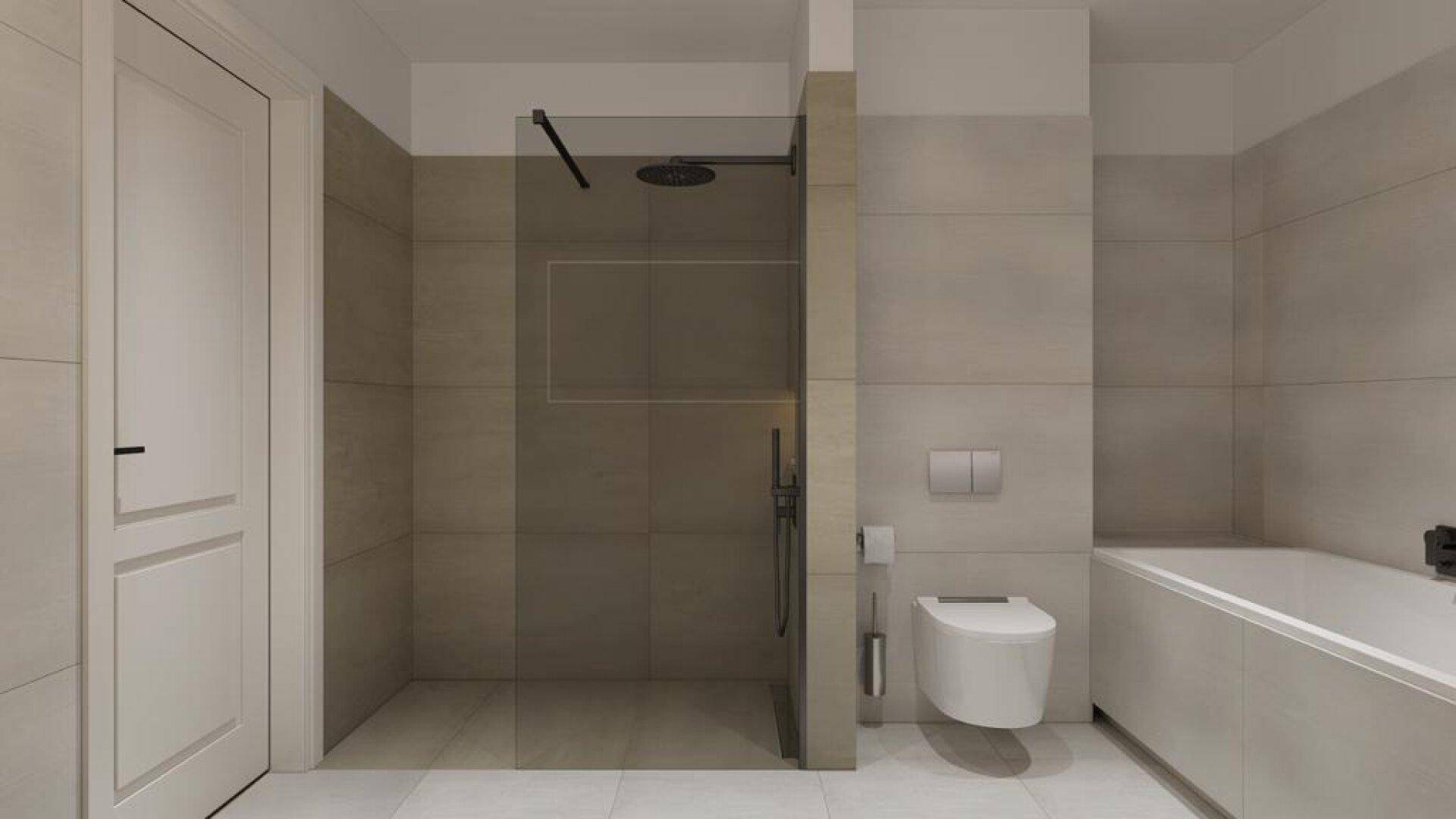 Modernes Badezimmer mit begehbarer Dusche, Badewanne und Wand-WC in hellen Fliesen.