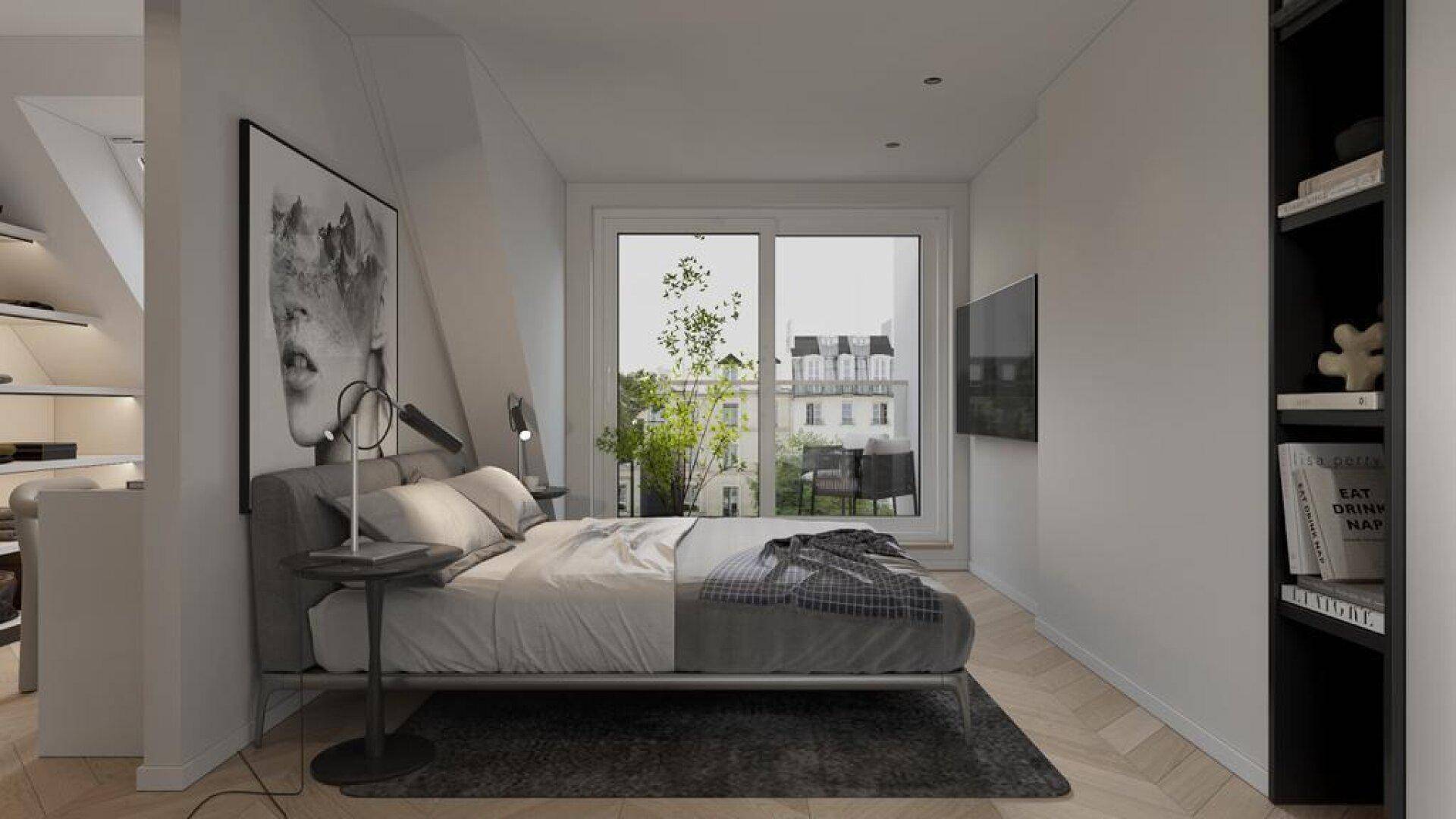 Helles Schlafzimmer mit modernem Design, Parkettboden und Zugang zum Balkon.