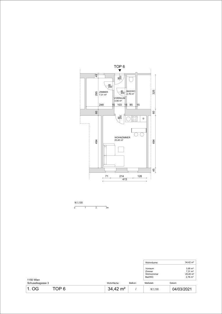 Grundriss der Wohnung TOP 6 mit Wohnzimmer, Schlafzimmer und Bad auf 34,42 m².