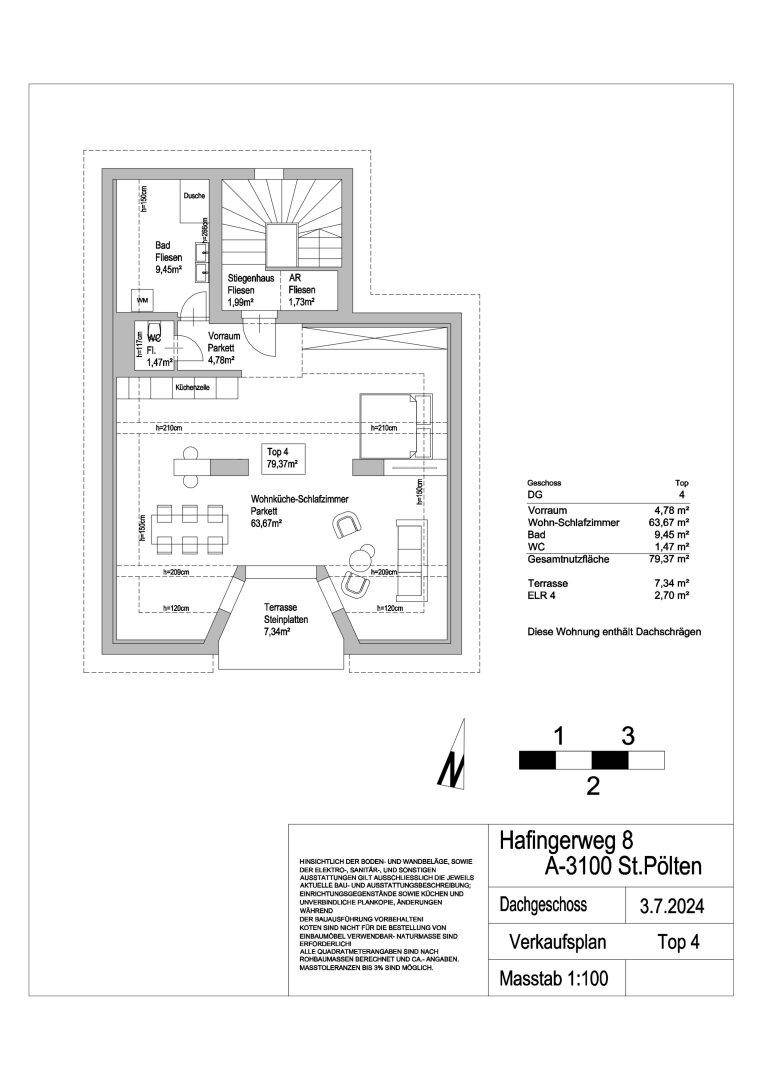 Grundriss des Dachgeschosses mit Wohn-Schlafzimmer, Bad und Terrasse, Maßstab 1:100.