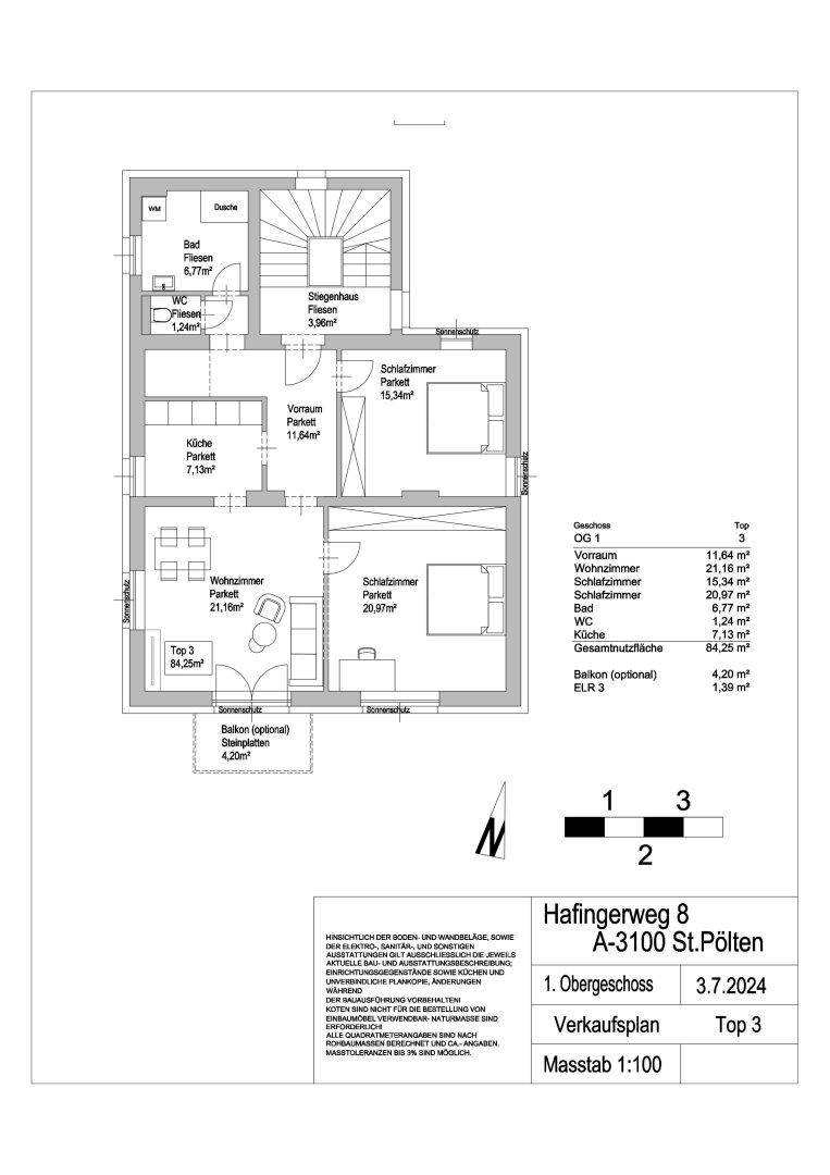 Grundrissplan einer Wohnung mit Schlafzimmern, Wohnbereich und Balkonzugang.
