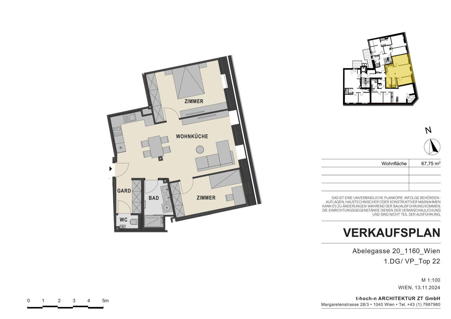 Grundriss einer Wohnung mit offener Wohnküche, zwei Schlafzimmern, einem Badezimmer und separatem WC.