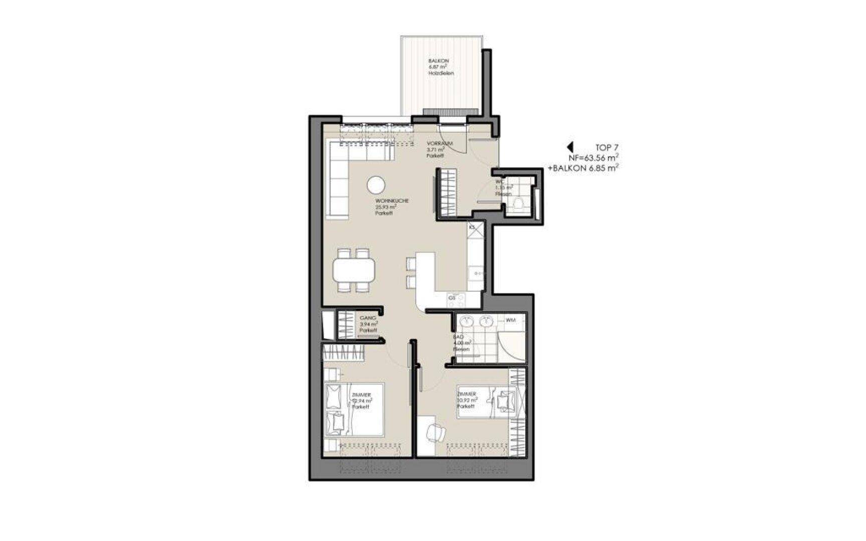 Grundriss der Wohnung Top 7 mit 63,56 m² Wohnfläche und 6,85 m² Balkon.