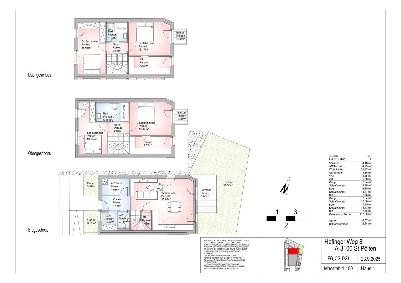 Dieser Grundriss zeigt ein dreistöckiges Haus mit offenem Wohnbereich, mehreren Schlafzimmern, Bädern, Balkonen, einer Terrasse und einem Garten.