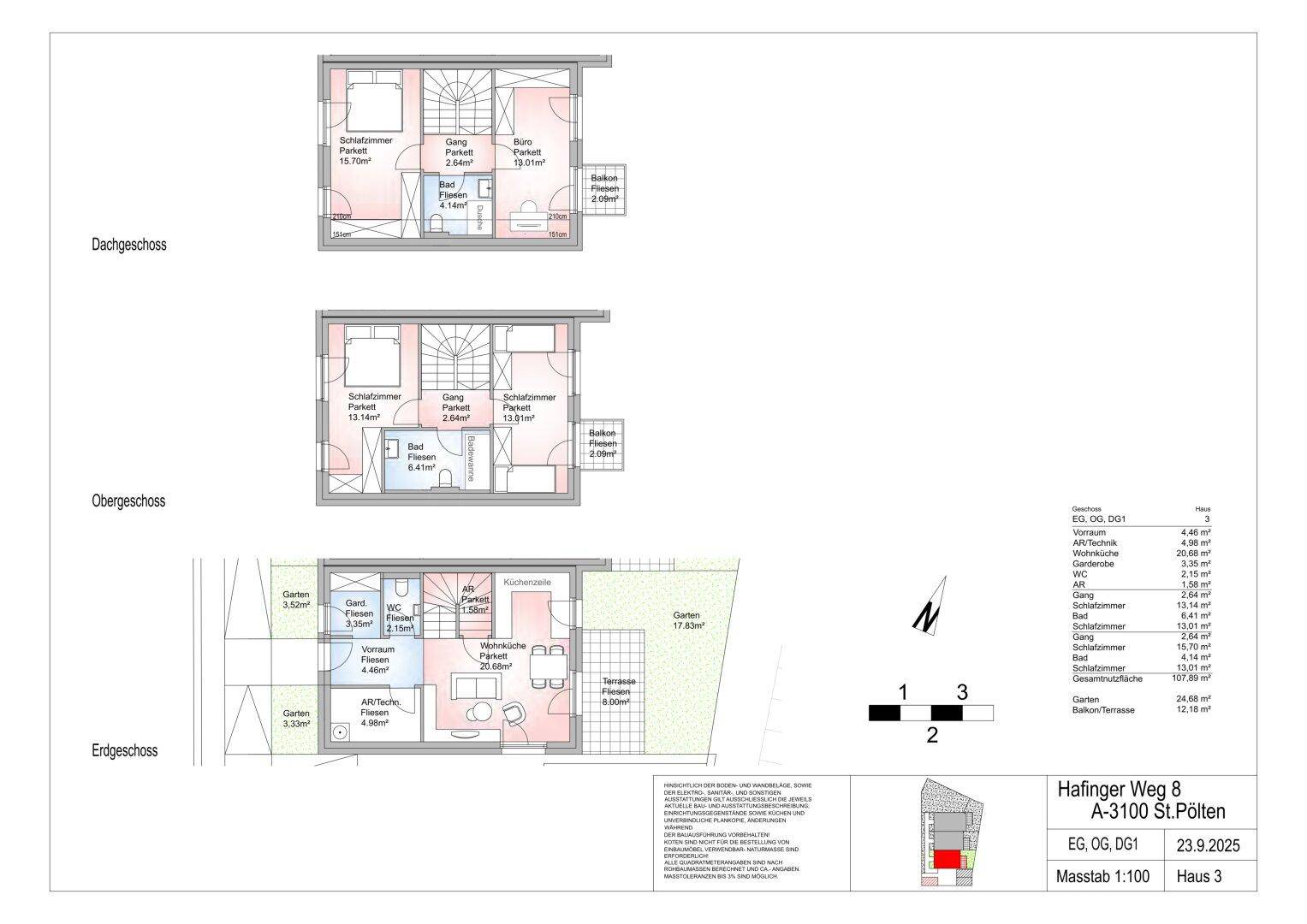Dieser Grundriss zeigt ein dreistöckiges Haus mit Erdgeschoss, Obergeschoss und Dachgeschoss, inklusive Garten, Terrasse und Balkonen.