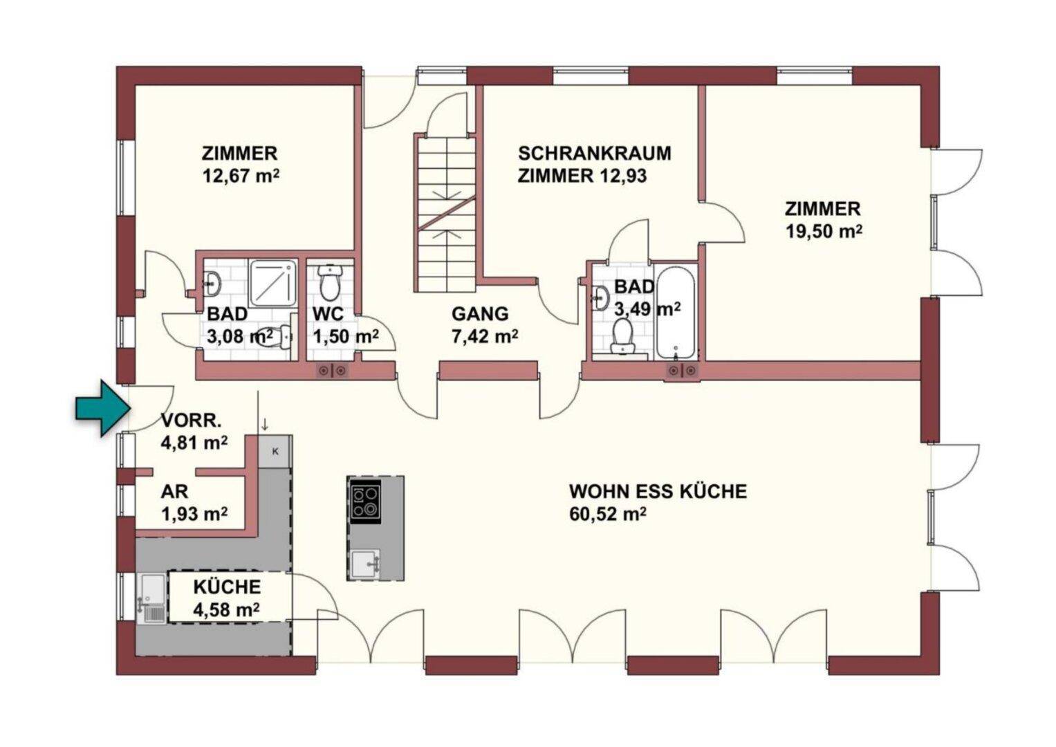 Grundriss des Erdgeschosses mit Wohn-Ess-Küche, Zimmern und Bädern.