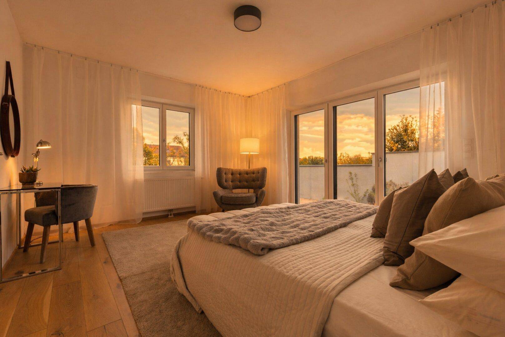 Schlafzimmer im warmen Abendlicht mit Bett, Schreibtisch und großen Fenstern mit Himmelsblick.