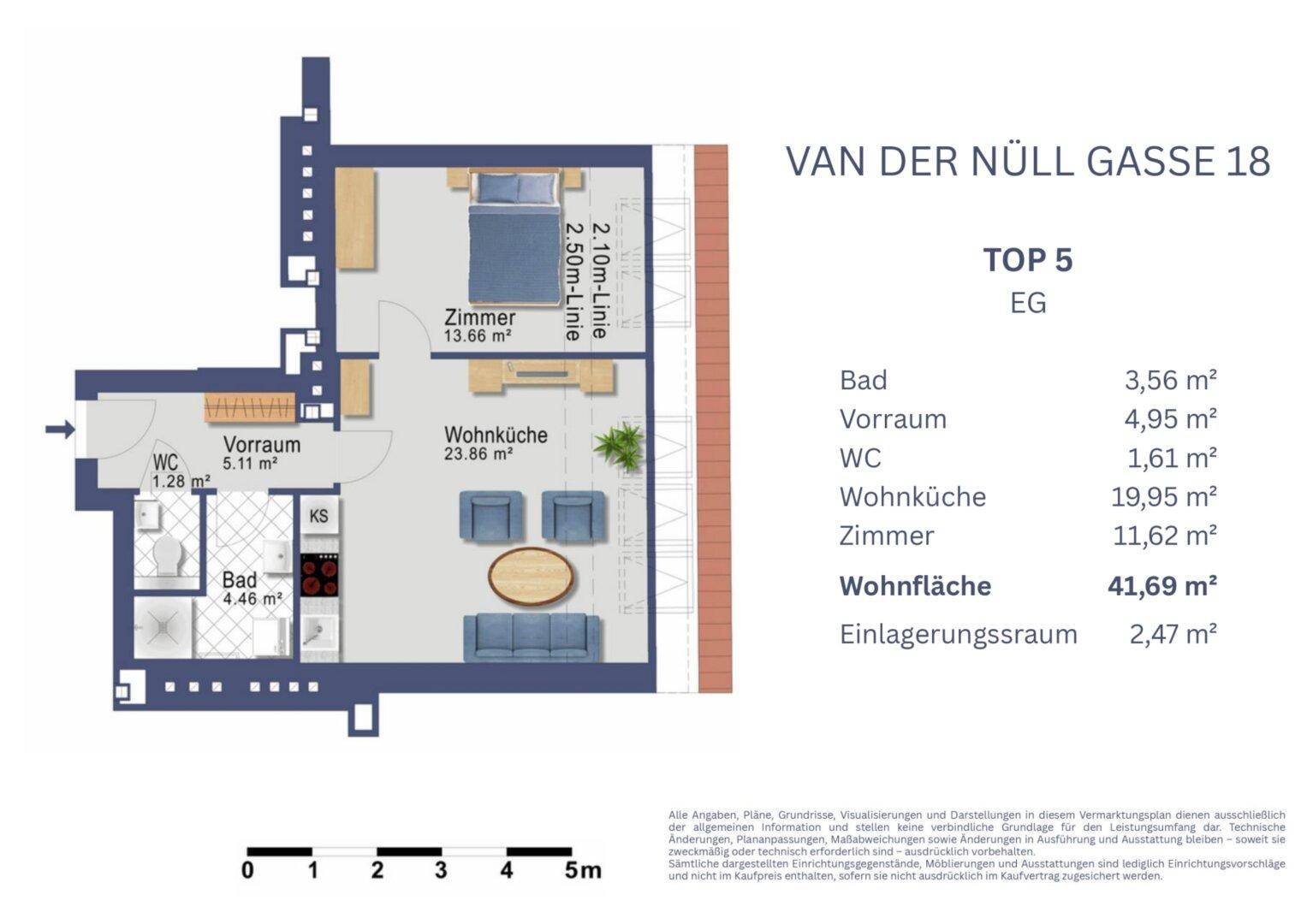 Grundriss der Wohnung Top 5 im Erdgeschoss mit Wohnküche und Schlafzimmer.