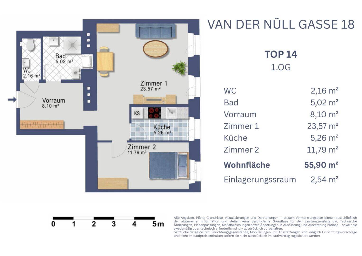 Detaillierter Grundriss der Wohnung Top 14 im ersten Obergeschoss mit Raummaßen.