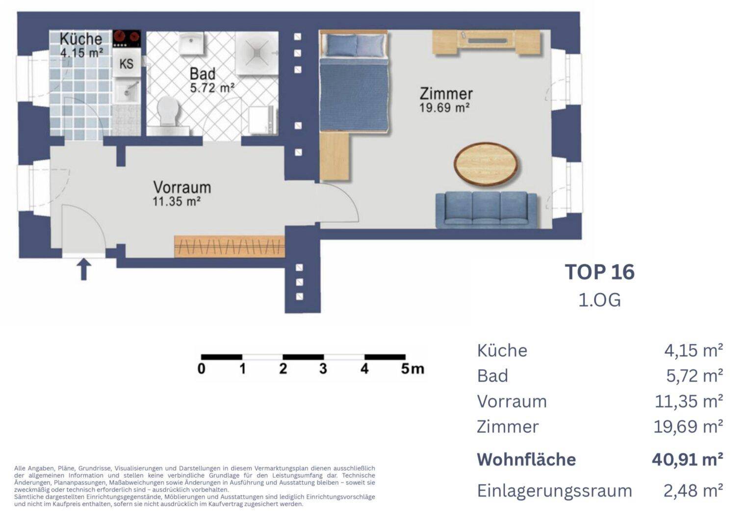 Detaillierter Grundriss einer Wohnung mit Raumaufteilung und Flächenangaben in Quadratmetern.