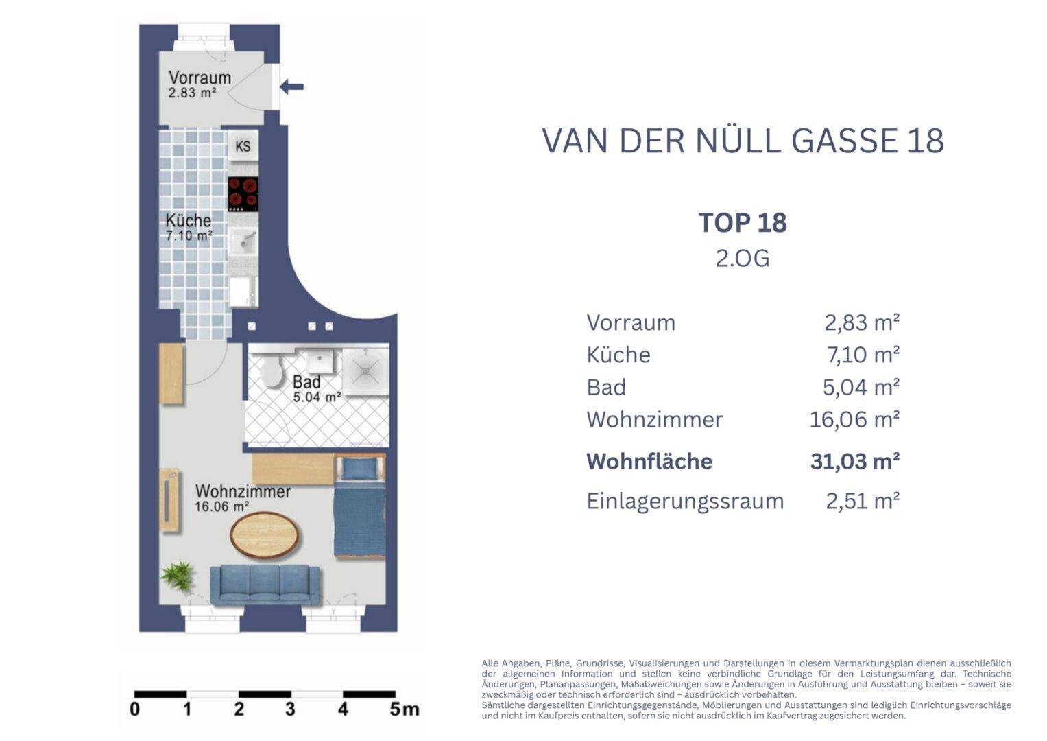 Grundriss der Wohnung Top 18 im 2. Obergeschoss mit Raumaufteilung und Flächenangaben.