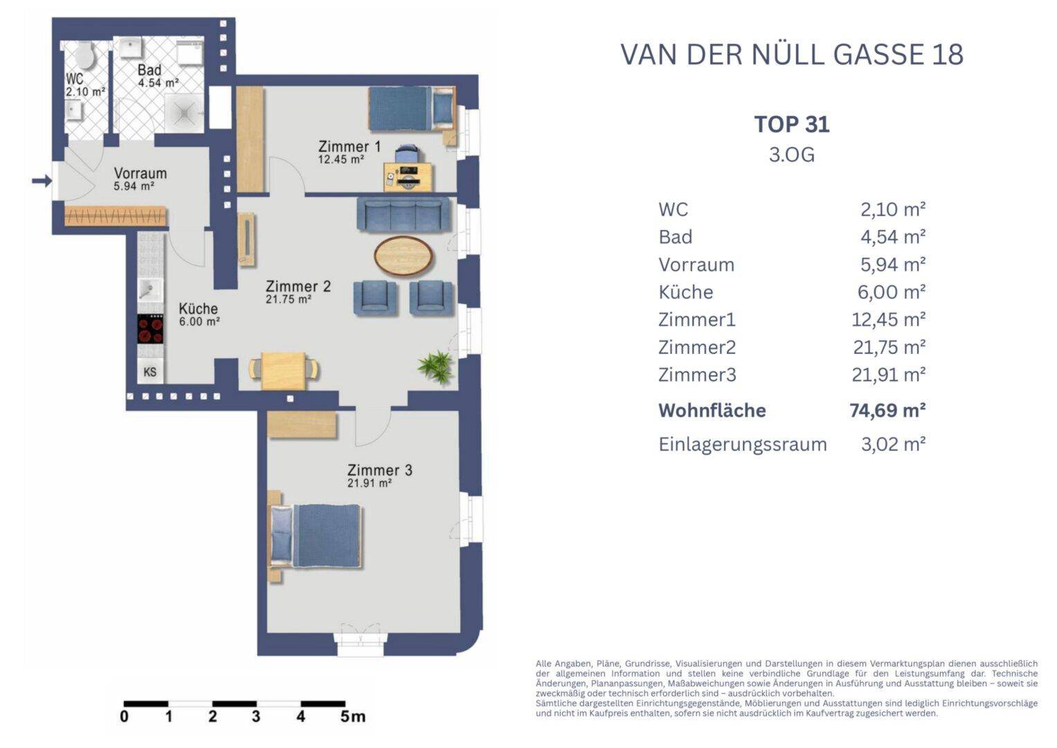 Detaillierter Grundriss der Wohnung Top 31 mit drei Zimmern, Küche, Bad und WC.