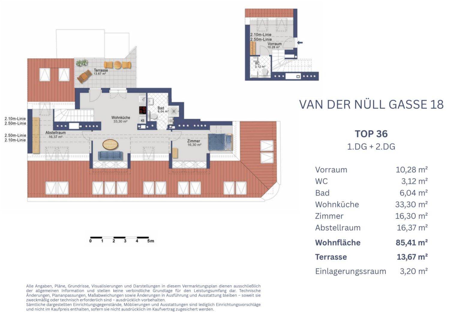 Detaillierter Grundriss einer Dachgeschosswohnung mit offener Wohnküche und großer Terrasse.
