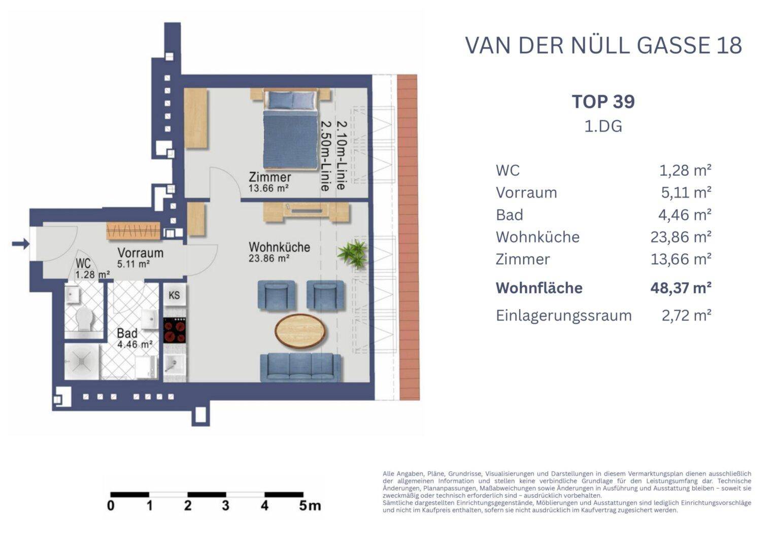 Detaillierter Grundriss der Wohnung Top 39 mit Raumaufteilung und Flächenangaben.