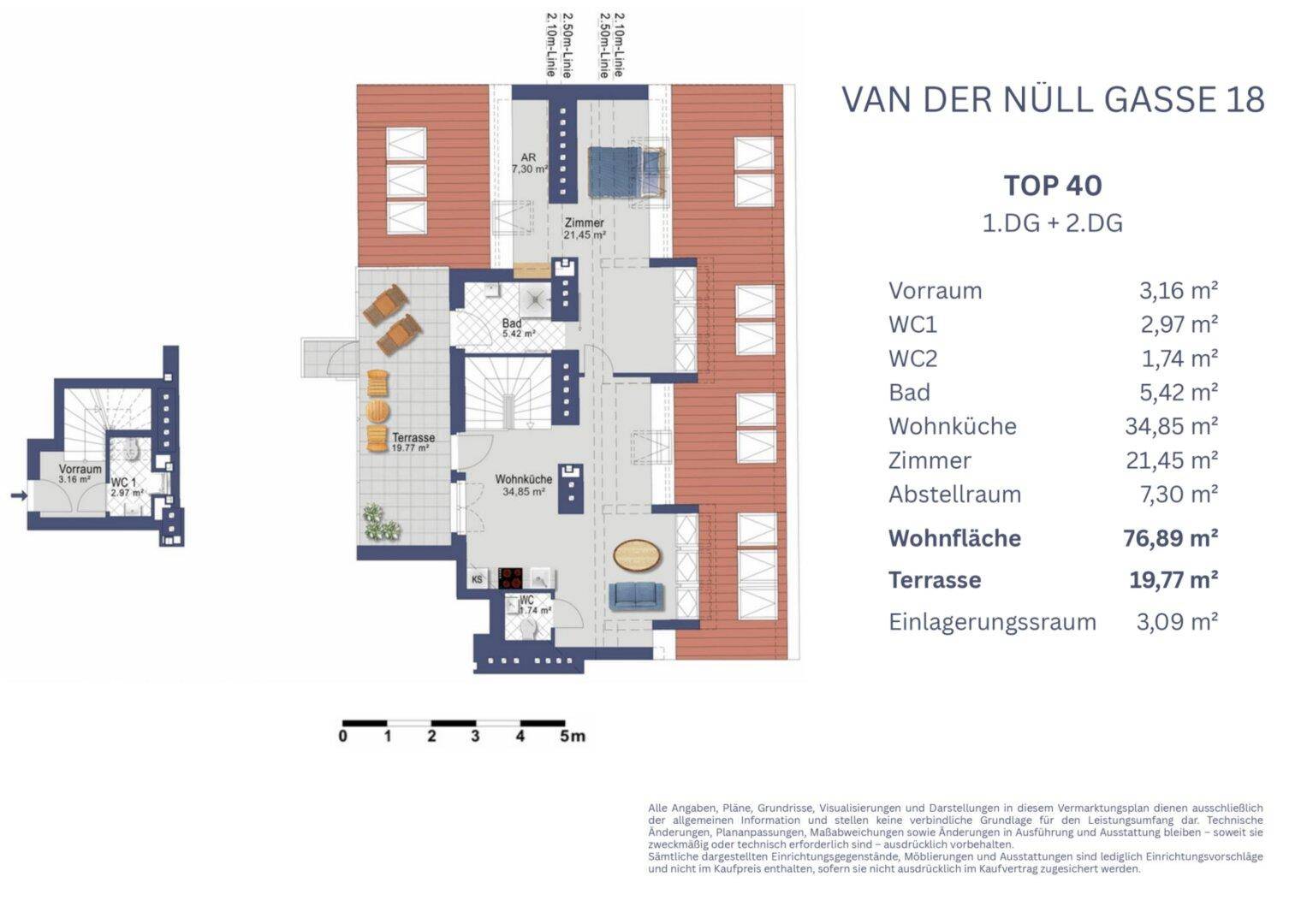 Grundriss einer Maisonette-Wohnung über zwei Dachgeschosse mit offener Wohnküche, Terrasse und mehreren Bädern.