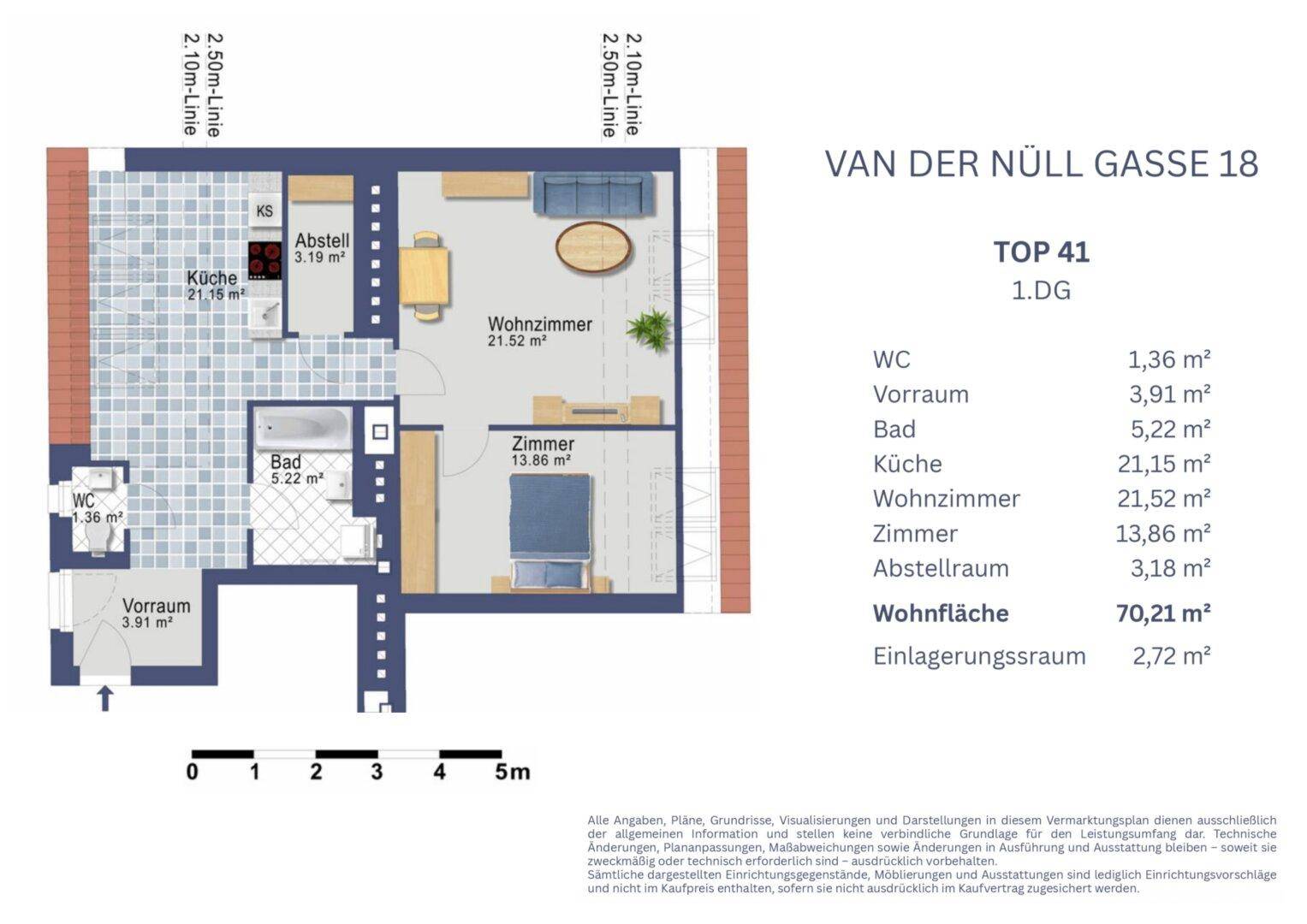 Grundriss der Dachgeschosswohnung Top 41 mit Wohnzimmer, Küche, Bad und WC.