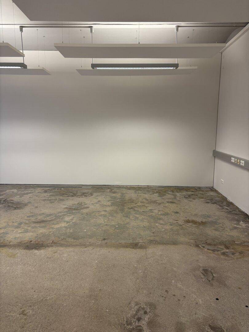 Heller, leerer Raum mit Betonboden und modernen schallabsorbierenden Deckenplatten, ideal für Büronutzung.