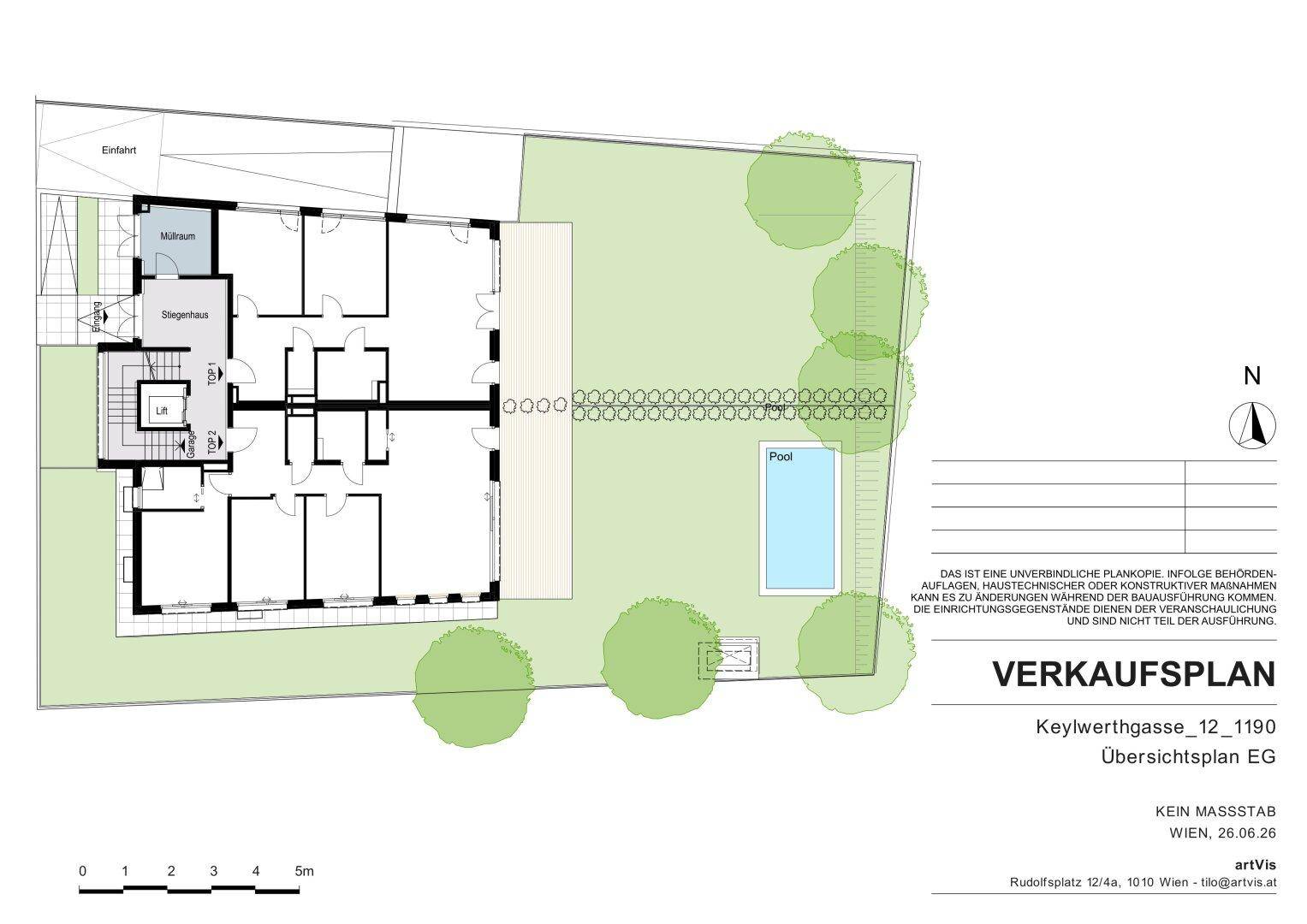 Übersichtsplan des Erdgeschosses mit mehreren Wohneinheiten, Garten und privatem Pool.