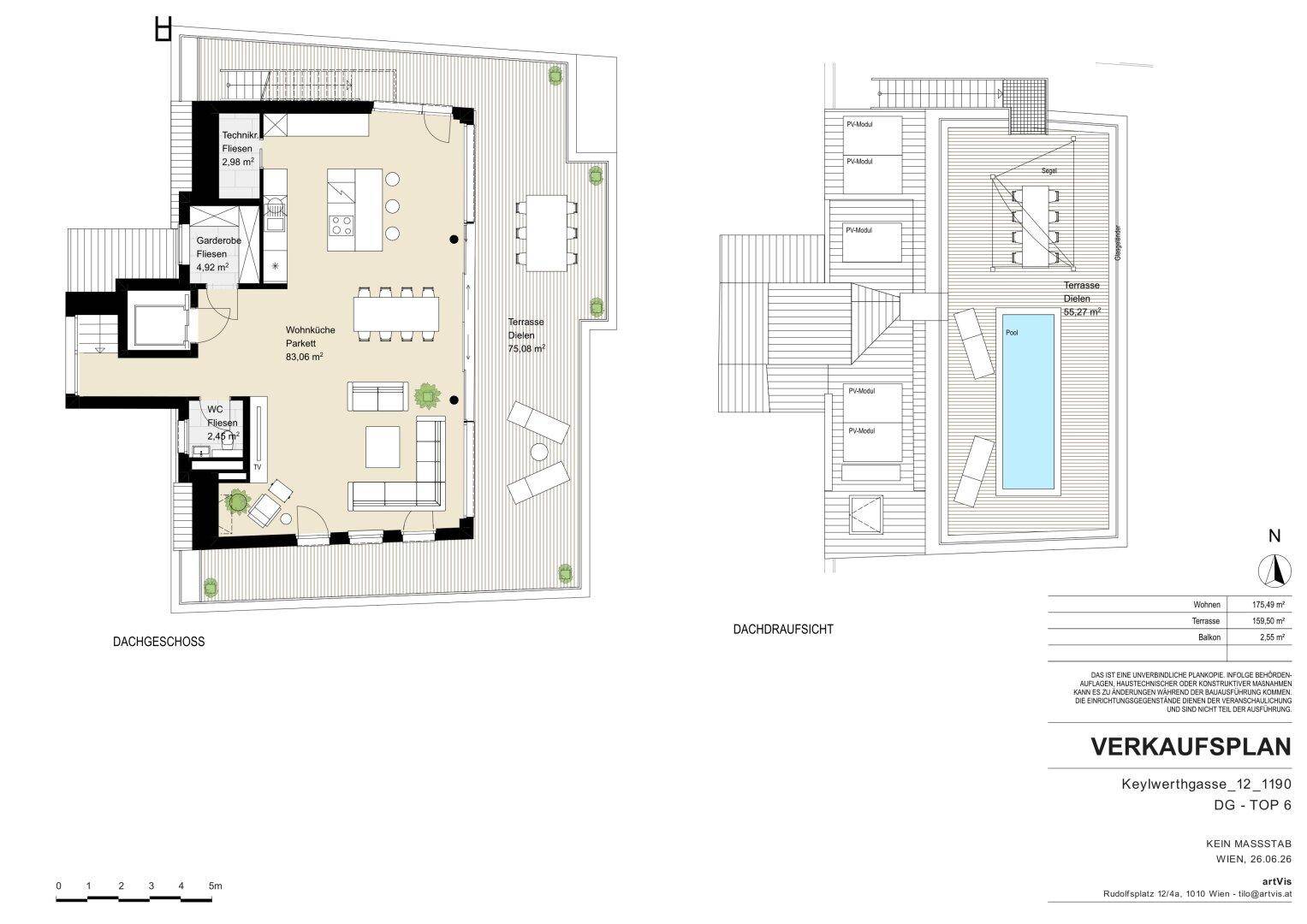 Grundriss des Dachgeschosses mit großem Wohnbereich, zwei Terrassen und Dachaufsicht mit Pool.