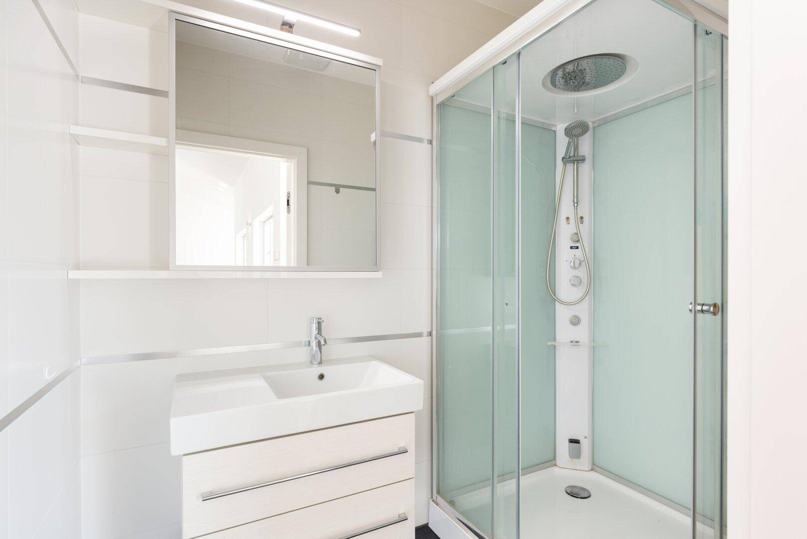 Modernes Badezimmer mit Duschkabine, Einzelwaschbecken und Spiegelschrank.